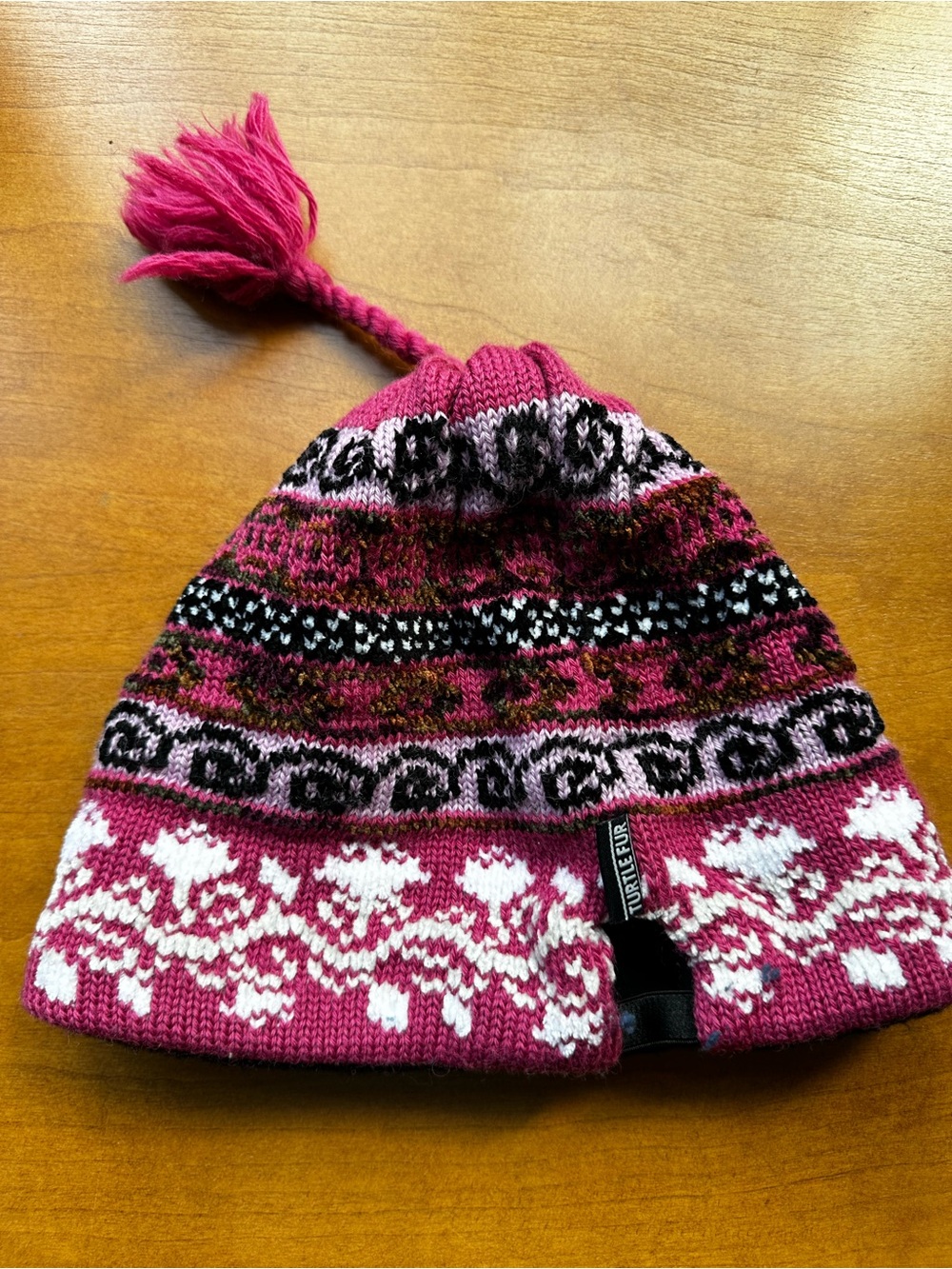 Turtle Fur Pink Patterned Knit Pom Beanie with Tassel